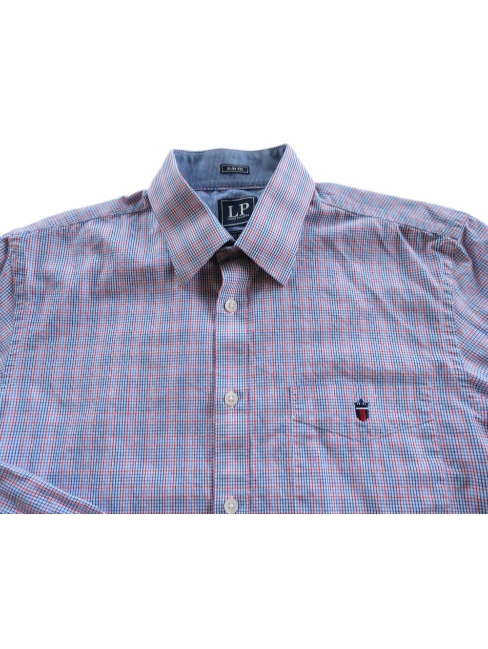 Louis Philippe Mens Cotton Slim Fit Button Up Red White Blue Plaid Shirt 40